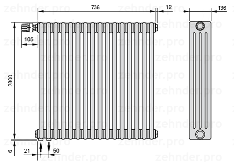 Схема (чертеж) Радиатор Zehnder Charleston 4280/16 №V001 Белый глянцевый RAL 9016